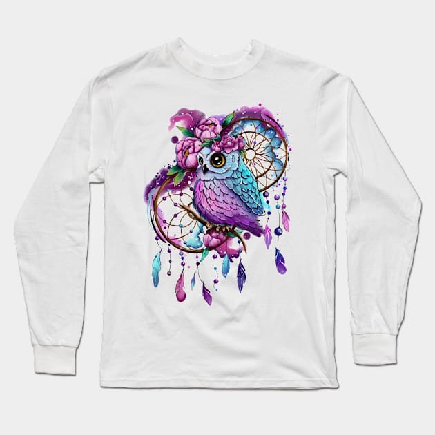 Watercolor Owl and Dreamcather Long Sleeve T-Shirt by greeny.mira